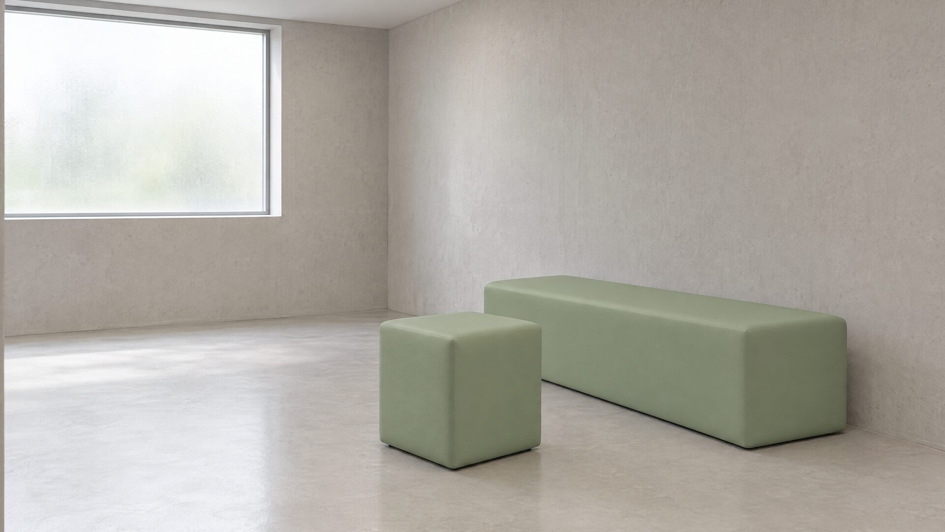 Banc et cube QMtex® vert sauge dans une salle d’apaisement – QMtex®, région de Bruxelles