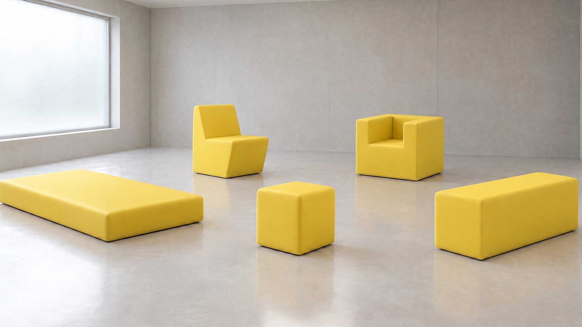 Les cinq modèles QMtex® jaunes réunis dans une salle d’apaisement – QMtex®, région de Hasselt